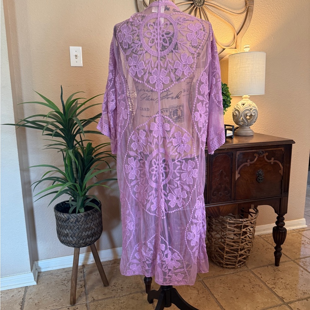 Forgotten Grace Vibrant Lavender Lace Embroidered Floral Sheer Kimono Duster - Picture 8 of 13